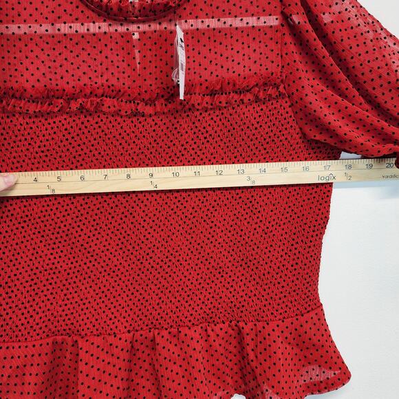 Express Smocked Peplum Polka Dot Blouse Top Size L Red Puff Sleeve Rockabilly - Picture 8 of 12